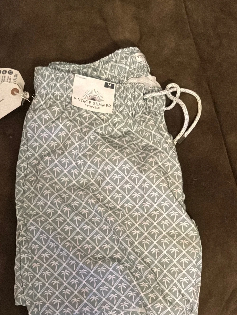 Men's Light Sage Palm-Print Swim Trunks with Drawstring